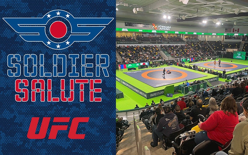 Graphic with Soldier Salute and UFC, along with image of Xtreme Arena for World Cup wrestling