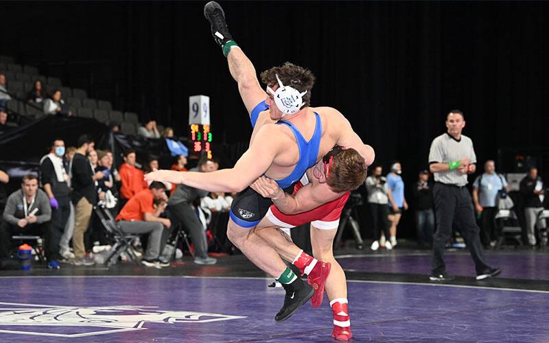 Braxton Amos (Wisconsin) tosses John Crawford (F&M) in the Midlands quarterfinals.