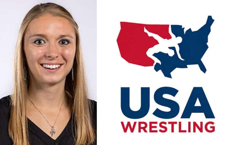 Meredith Suess headshot, with USA Wrestling logo