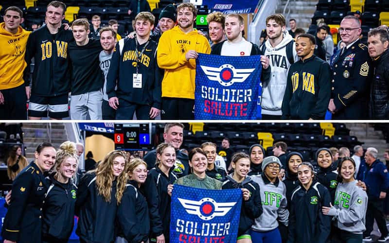 University of Iowa men and Life women pose with their Soldier Salute championship banners.