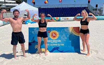 Mitchell Cook, Laura White and Mia Macaluso of the USA at the Beach World Series event in France.