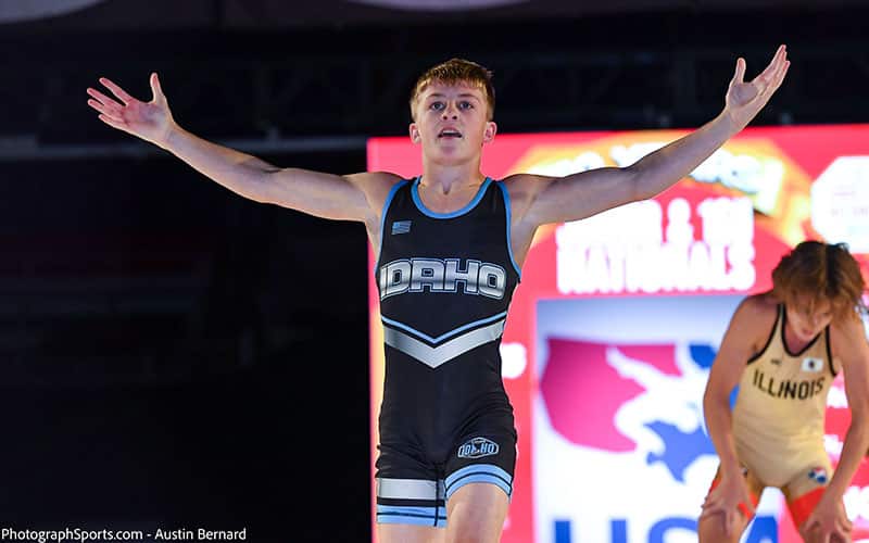 Mack Mauger of Idaho celebrates his 2021 16U Nationals Greco-Roman title.