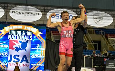 Tyler Sagi of New Jersey celebrates his Junior National Greco-Roman quarterfinals win.