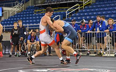 Wyatt Voelker of Iowa fights for upper body position