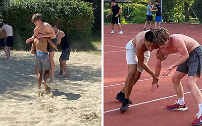 Team Indiana wrestling on a beach and on a soccer field in Hungary