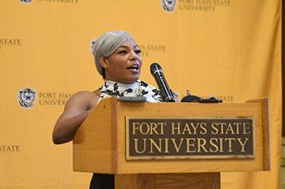 World champion Jacarra Winchester at the Fort Hays State women's wrestling announcement.