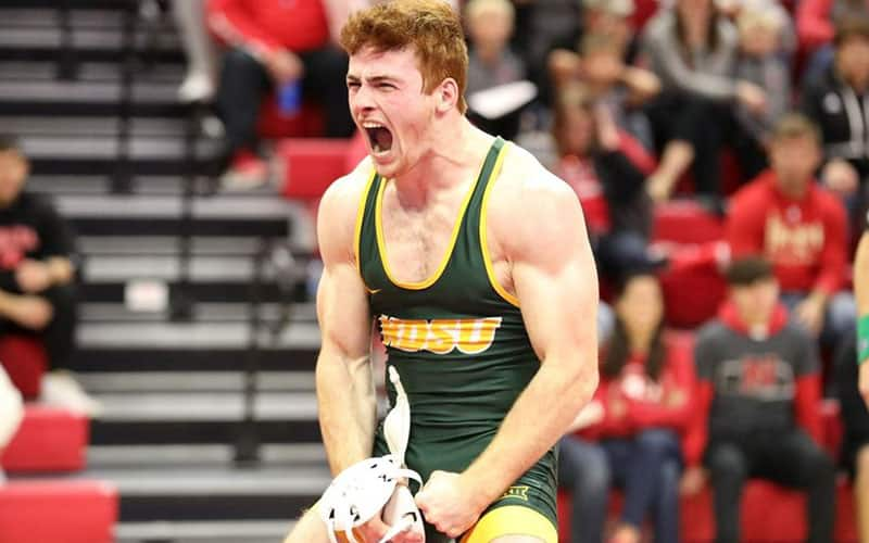 NDSU wrestler celebrates win over Nebraska