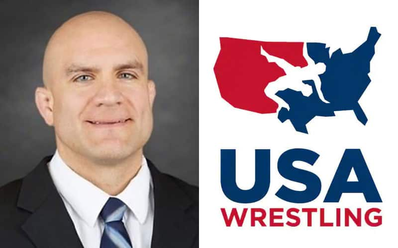 Mugshot of Justin Ruiz and USA Wrestling logo