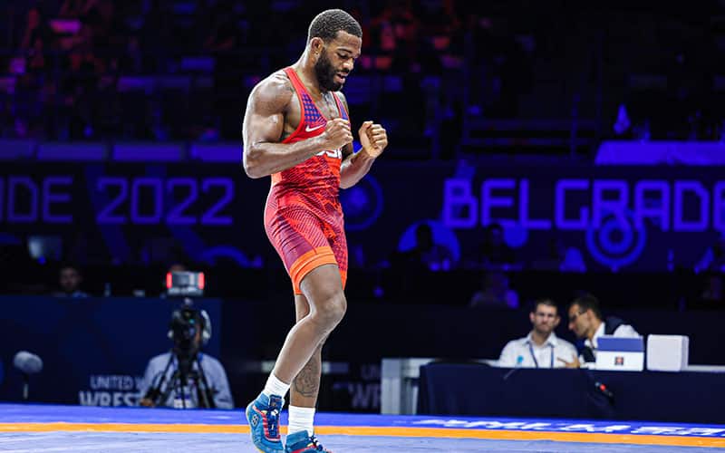 Jordan Burroughs (USA) clenches his fists after winning World Championships.
