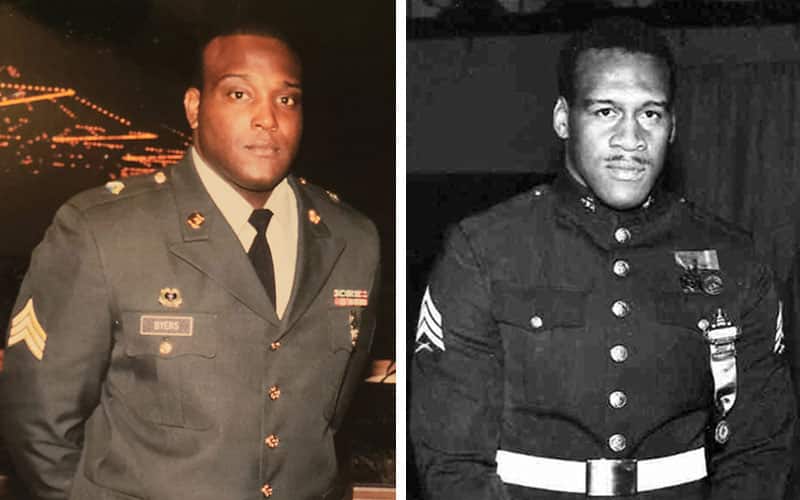 Hall of Fame Distinguished Members Dremiel Byers of the U.S. Army and Greg Gibson of the U.S. Marine Corps in uniform