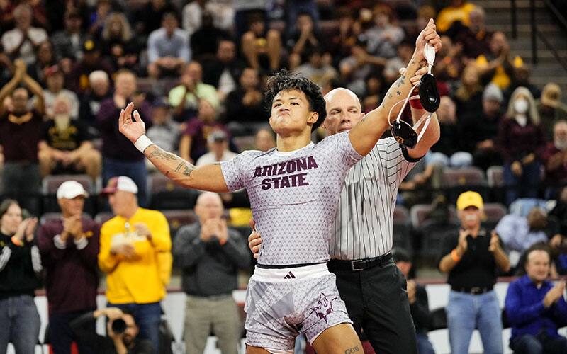 Kyle Parco (Arizona State) after victory over Brock Mauller (Missouri).