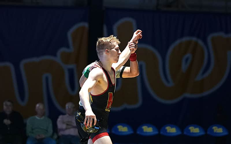 Maryland wrestler arm raise against Pitt