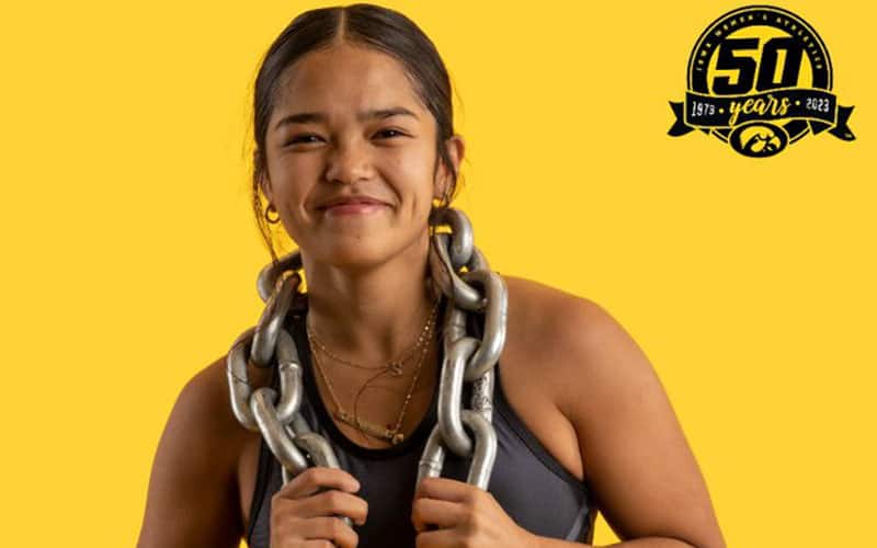 Sterling Dias, University of Iowa, with a chain around her neck