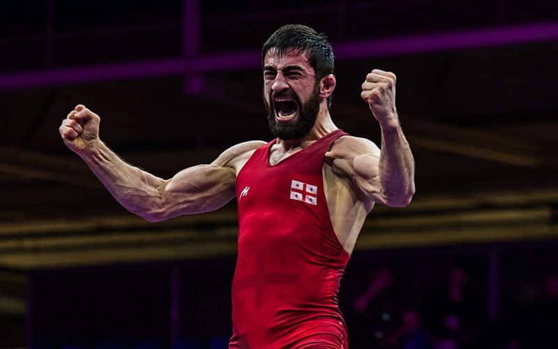 Zurabi Iakobishvili of Georgia celebrates a victory.