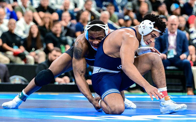 Mekhi Lewis (Virginia Tech) battles Carter Starocci (Penn State) in the 2022 NCAA finals.