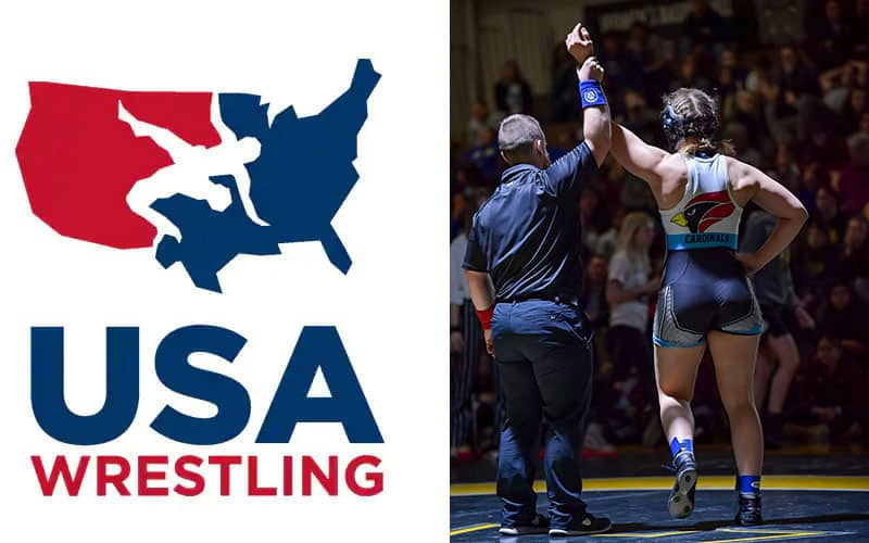 USA Wrestling Logo and Arm Raise photo of women's college wrestler