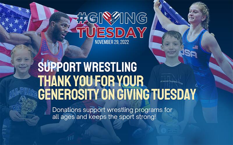 Giving Tuesday graphic with Jordan Burroughs and Amit Elor pictured