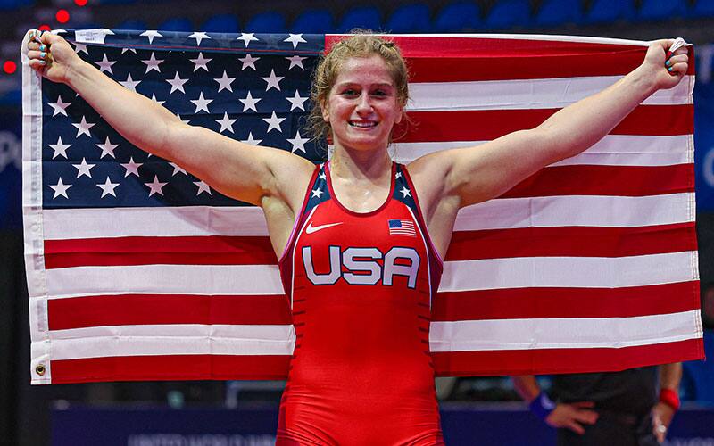 Amit Elor with USA flag at U23 Worlds