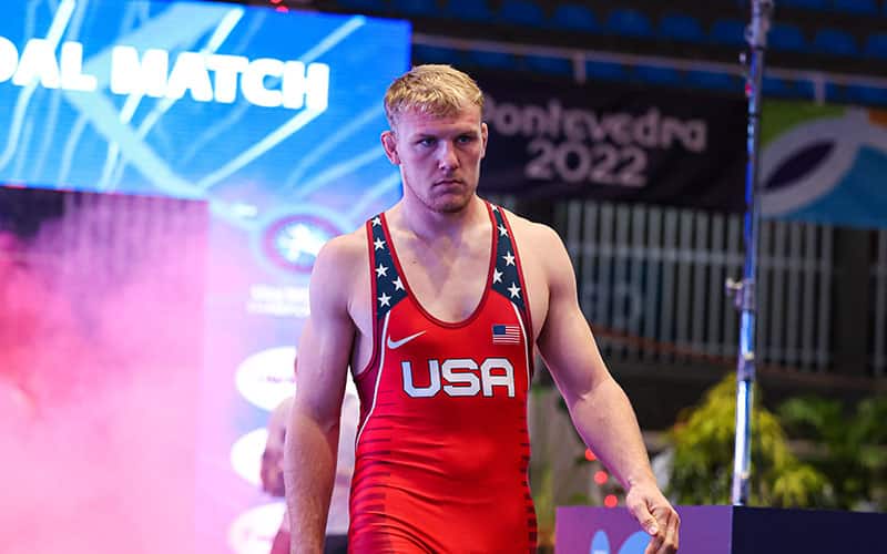 Tanner Sloan (USA) walks out for the U23 World Championships gold-medal match.