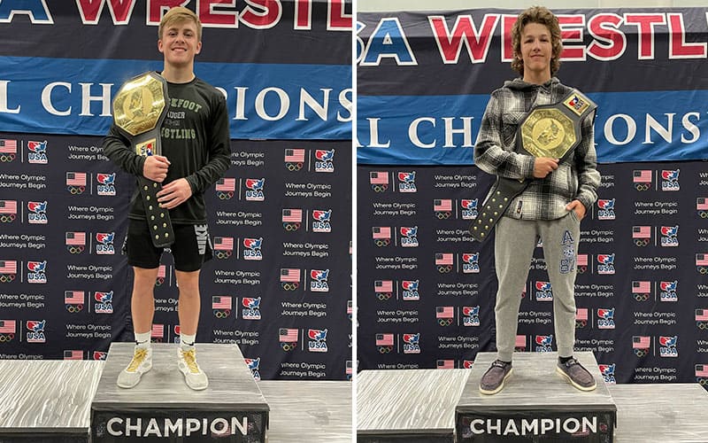 Mack Mauger (ID) and Jackzen Rairdon (CO) with their National High School Recruiting Showcase belts