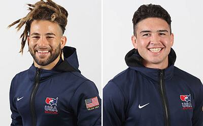 Sammy Jones (USA) and Spencer Woods (USA) mugshots in USA Wrestling gear