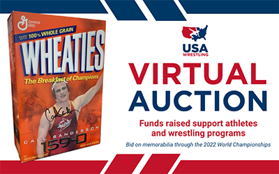 USA Wrestling online auction graphic, featuring Cael Sanderson Wheaties box