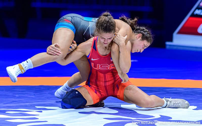 Kayla Miracle (USA) hits fireman's carry on Ana Godinez (Canada) in 2022 World Championships semifinals.