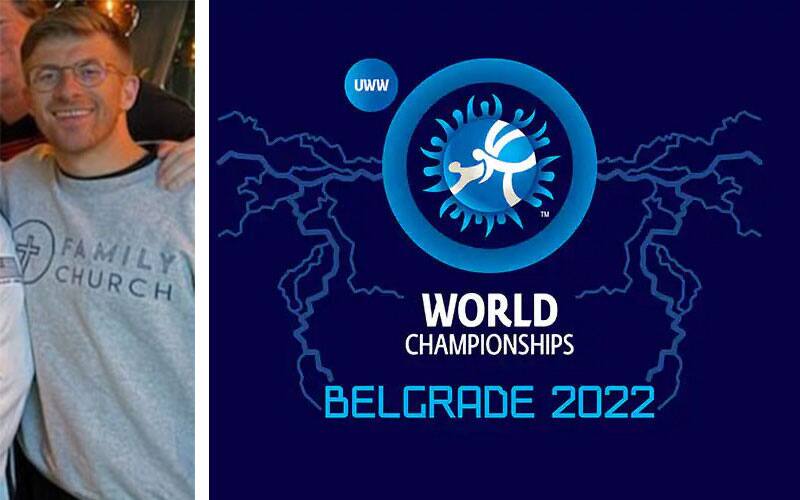 Photo of Jon Kozak of Flo Wrestling, and the logo for the 2022 Senior Worlds