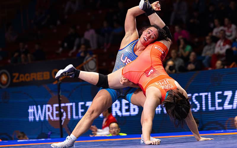 Mallory Velte (USA) battles Mahiro Yoshitake (Japan) at the Zagreb Open.