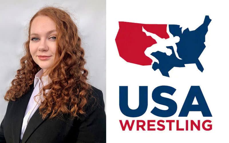 Portrait of Lisa Downey, USA Wrestling Events Assistant, along with the USA Wrestling logo