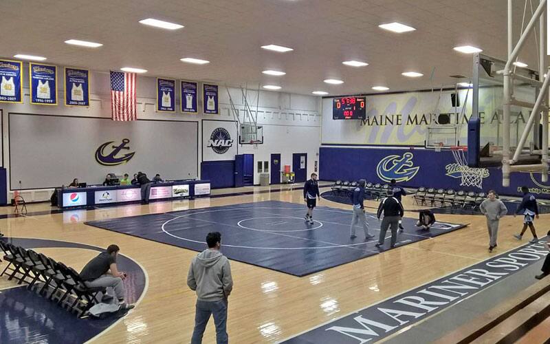 Maine Maritime gymnasium with wrestling mat.