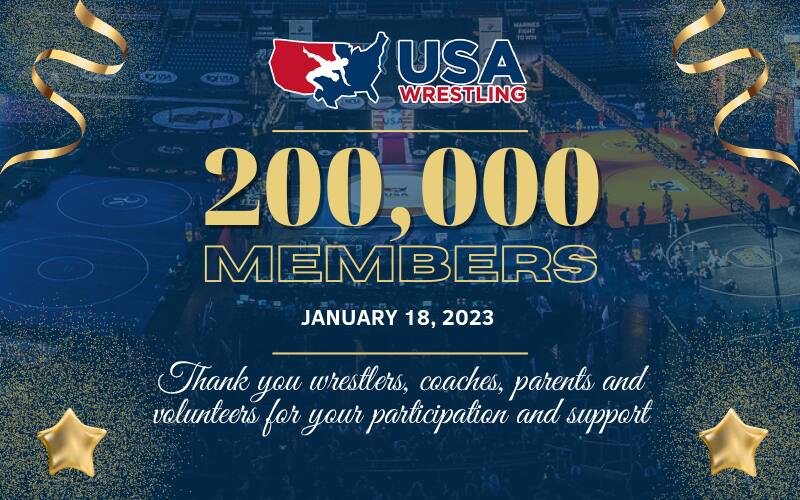 Graphic celebrating 200,000 USA Wrestling member milestone reached January 18