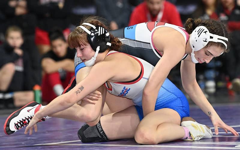 Action image of Presbyterian women's wrestler.