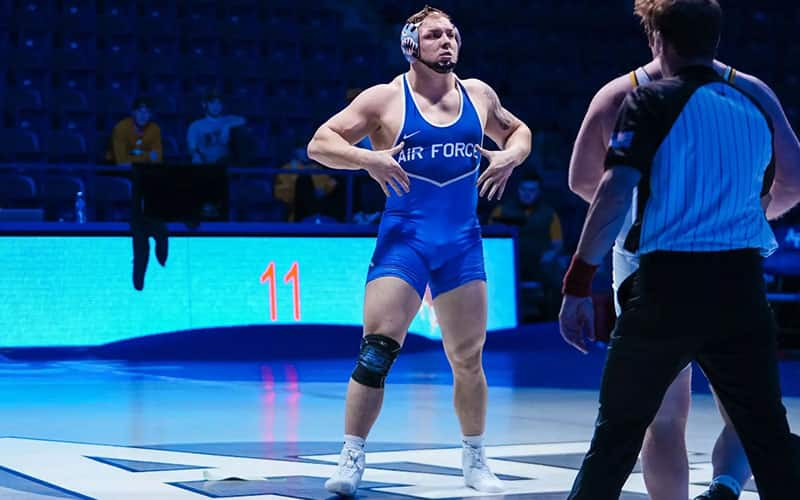 Wyatt Hendrickson (Air Force Academy) in a singlet.