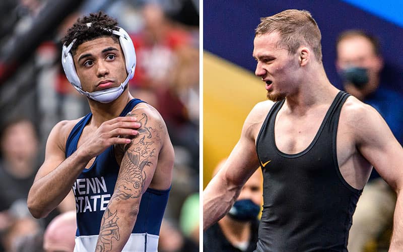 Roman Bravo-Young (Penn State) and Spencer Lee (Iowa)