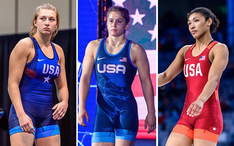 Competition portraits of Kylie Welker, Amit Elor and Kennedy Blades of the USA
