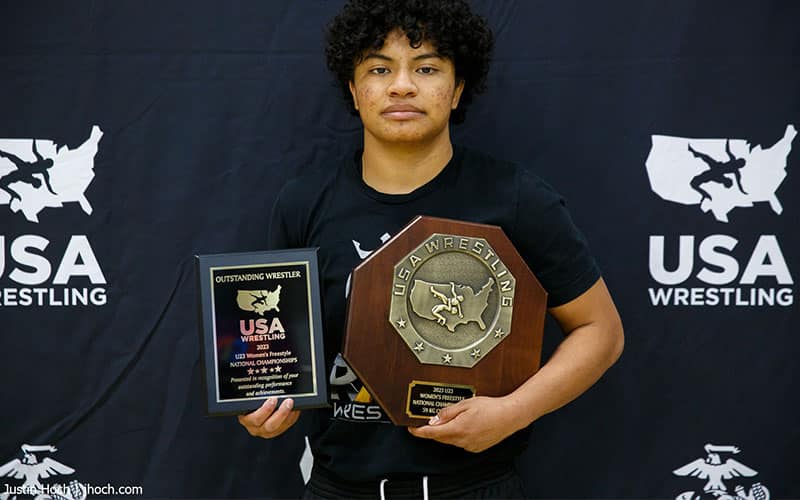 Xochitl Mota-Pettis of Texas, 59 kg champion at the USMC U23 Nationals, was named Outstanding Wrestler.