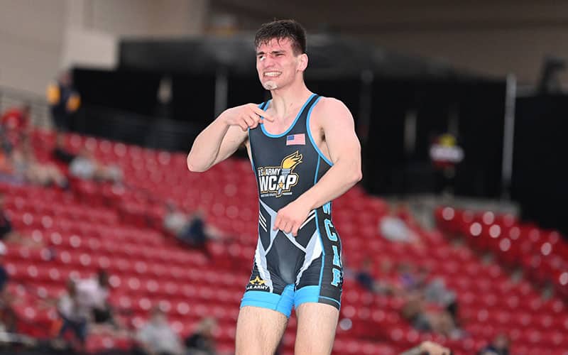 Justus Scott of Army WCAP celebrates after his US Open title in Greco-Roman