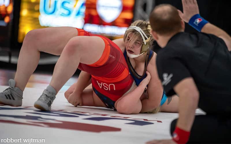 Maggie Smith of Wyoming secures a fall in the 220-pound quarterfinals at the National Girls High School Showcase.