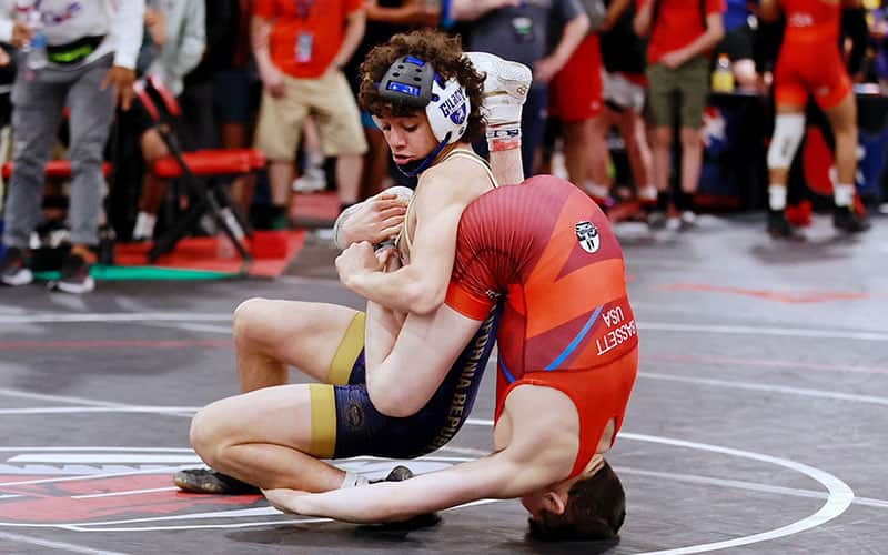 Elijah Cortez (CA) upends Bo Bassett (PA) at the U17 Freestyle Nationals quarterfinals at 55 kg