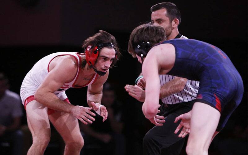 Men's wrestling action image from the NAIA