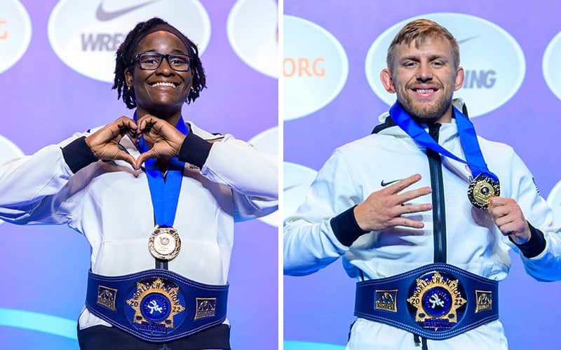 Tamyra Mensah Stock (USA) and Kyle Dake (USA), with their 2022 World gold medals.