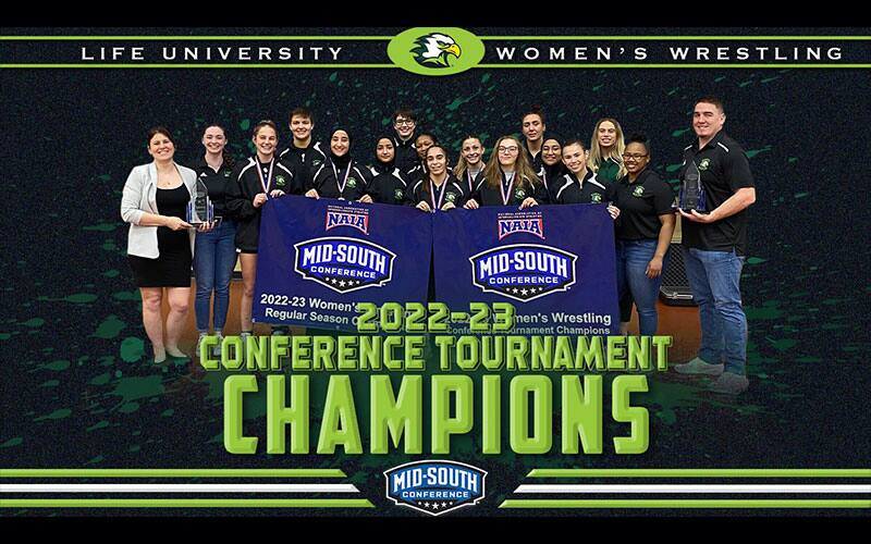 Life University, 2023 Mid-South Conference women's wrestling champions graphic