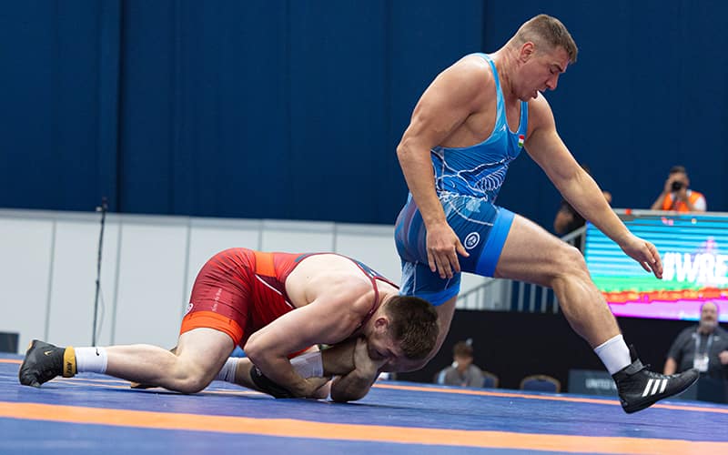 Mason Parris attacks Daniel Ligeti of Hungary in the 125 kg finals in Budapest. (Kadir Caliskan, United World Wrestling)