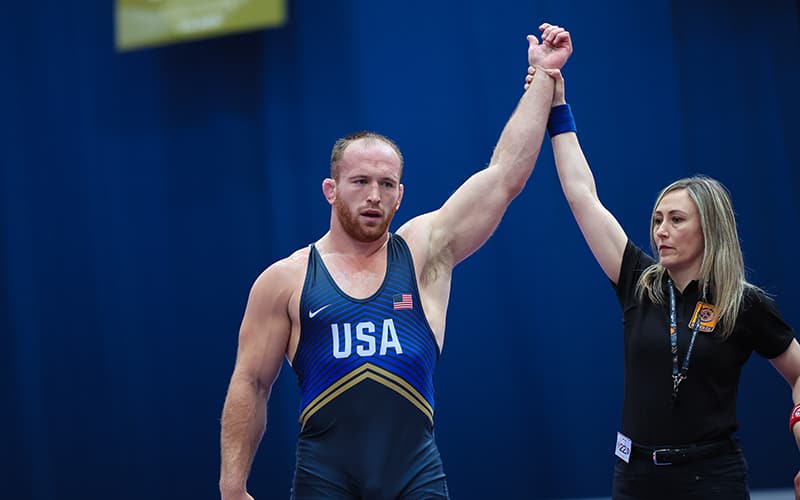 Kyle Snyder gets his hand raise following a match victory at the Polyák Imre & Varga János Memorial. (Kadir Caliskan, United World Wrestling)