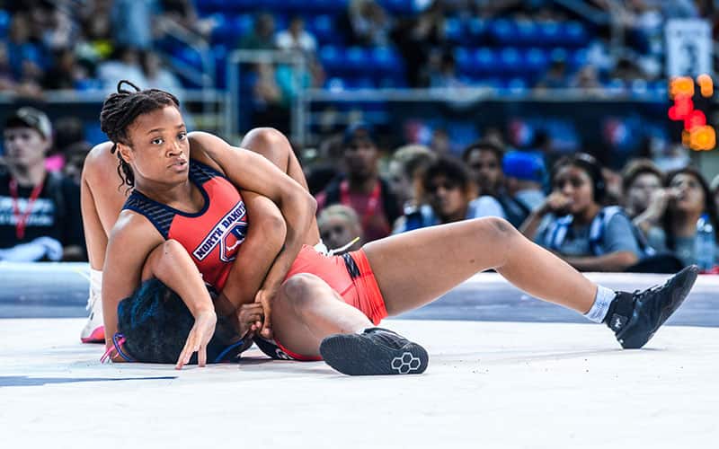 Allyssa Johnson (ND) hits a headlock in the Junior Nationals quarterfinals.