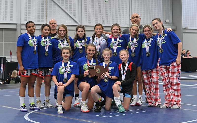 Team Pennsylvania after winning the 14U Girl’s Greco-Roman National Duals title. (Austin Bernard, PhotographSports.com)