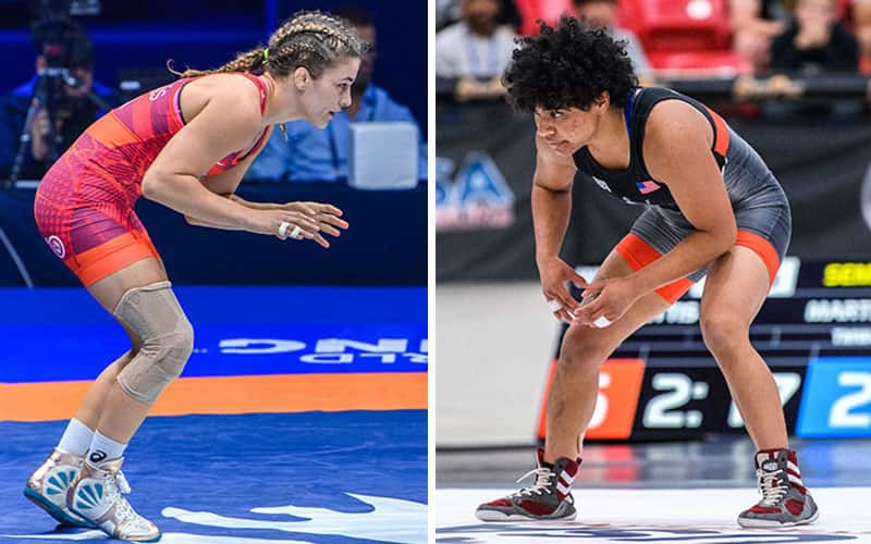 Helen Maroulis and Xochitl Mota Pettis in their wrestling stance