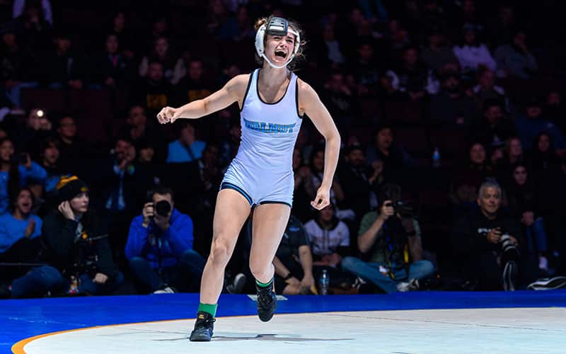 Anaya Falcon (Walnut) celebrates her CIF California state title at 106 pounds.