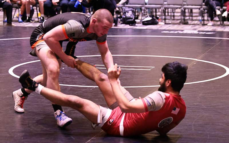 Peyton Thomas of Oklahoma scores a takedown in the Oklahoma Border Brawl.